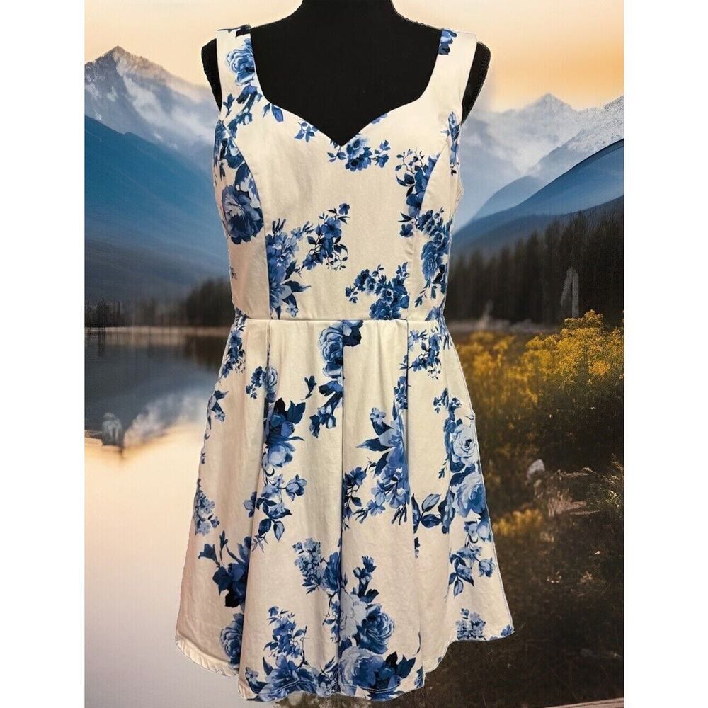 Jun And Ivy Dress Large Toile Cottage Core Coastal Blue Floral White Classic
